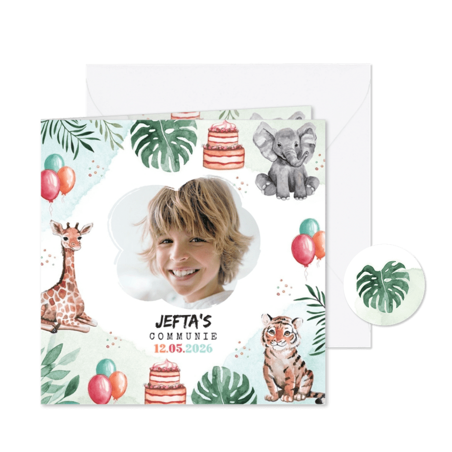 Communieviering uitnodiging met foto en dieren - Kaartimpressie