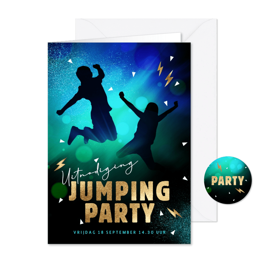 Coole uitnodiging kinderfeestje jumping party jongen meisje - Kaartimpressie