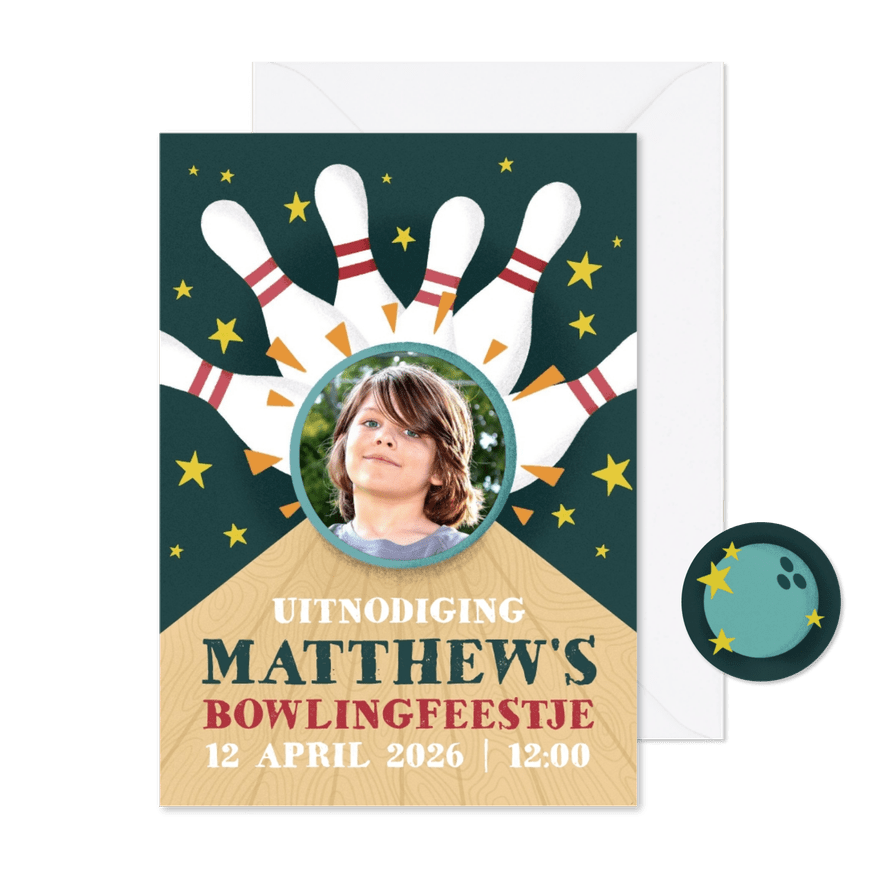 Coole uitnodiging voor kinderfeestje met bowlingbaan - Kaartimpressie