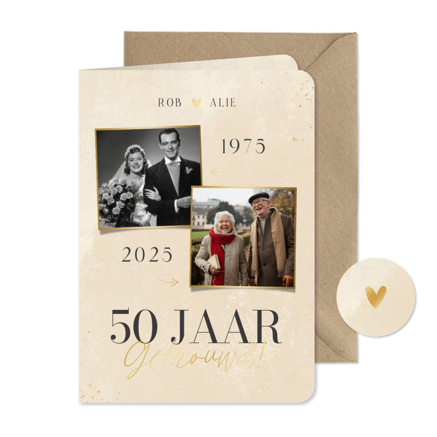 Crèmekleurige uitnodiging 50-jarig jubileum en twee foto's - Kaartimpressie