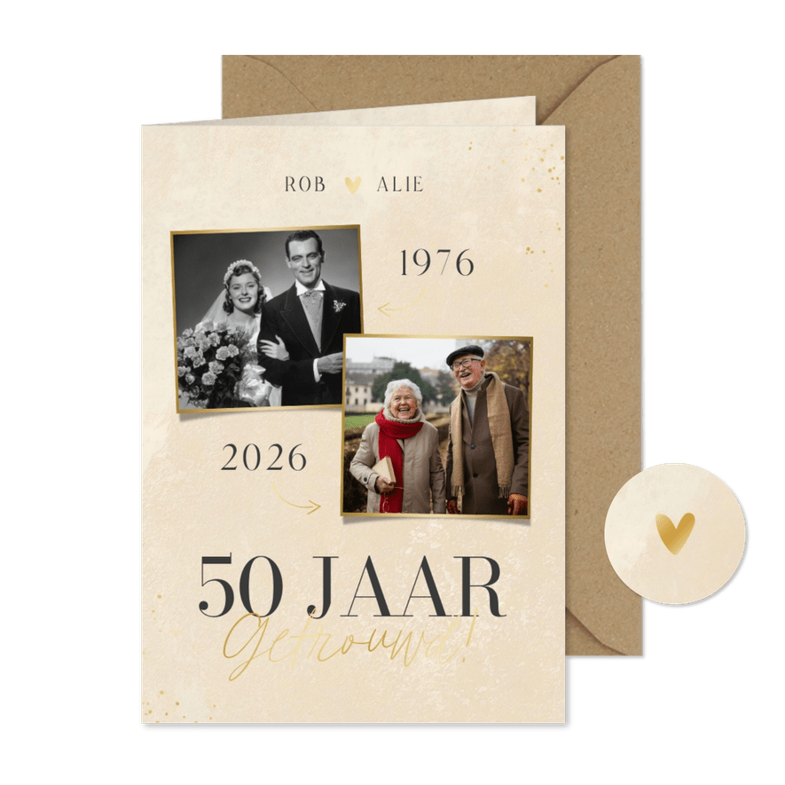 Crèmekleurige uitnodiging 50-jarig jubileum en twee foto's - Kaartimpressie
