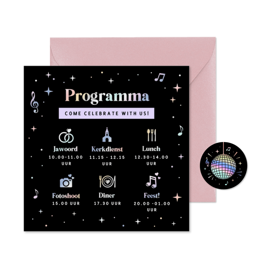 Dagprogramma kaart bruiloft in disco stijl met foliedruk - Kaartimpressie