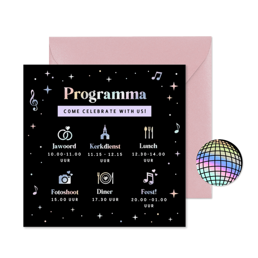 Dagprogramma kaart bruiloft in disco stijl met foliedruk - Kaartimpressie