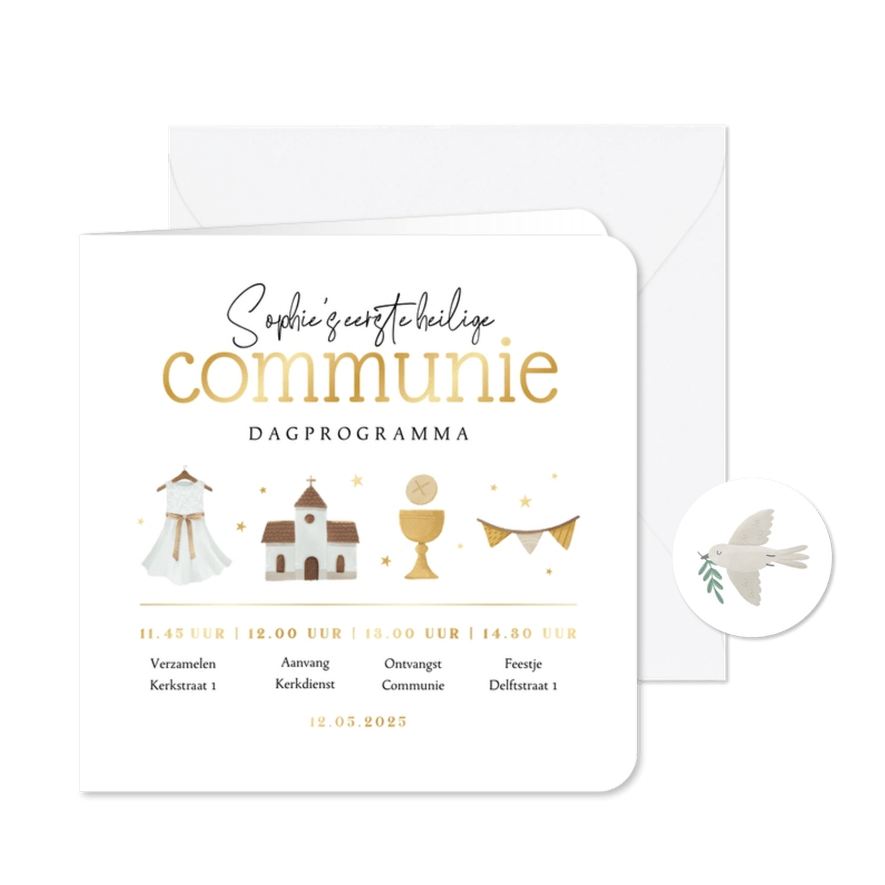 Dagprogramma tijdlijn communie feestje goud illustraties - Kaartimpressie