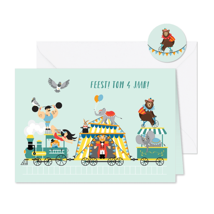 De circustrein vol vrolijkheid nodigt je vriendjes graag uit - Kaartimpressie