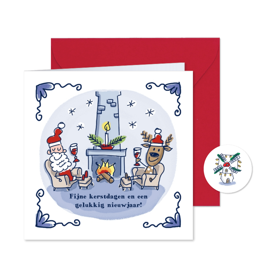Delfts blauw kerstkaartje bij de open haard - Kaartimpressie
