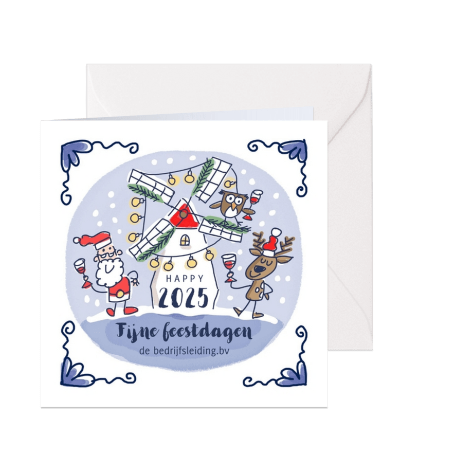 Delfts blauw kerstkaartje met kerstman rendier en molen - Kaartimpressie