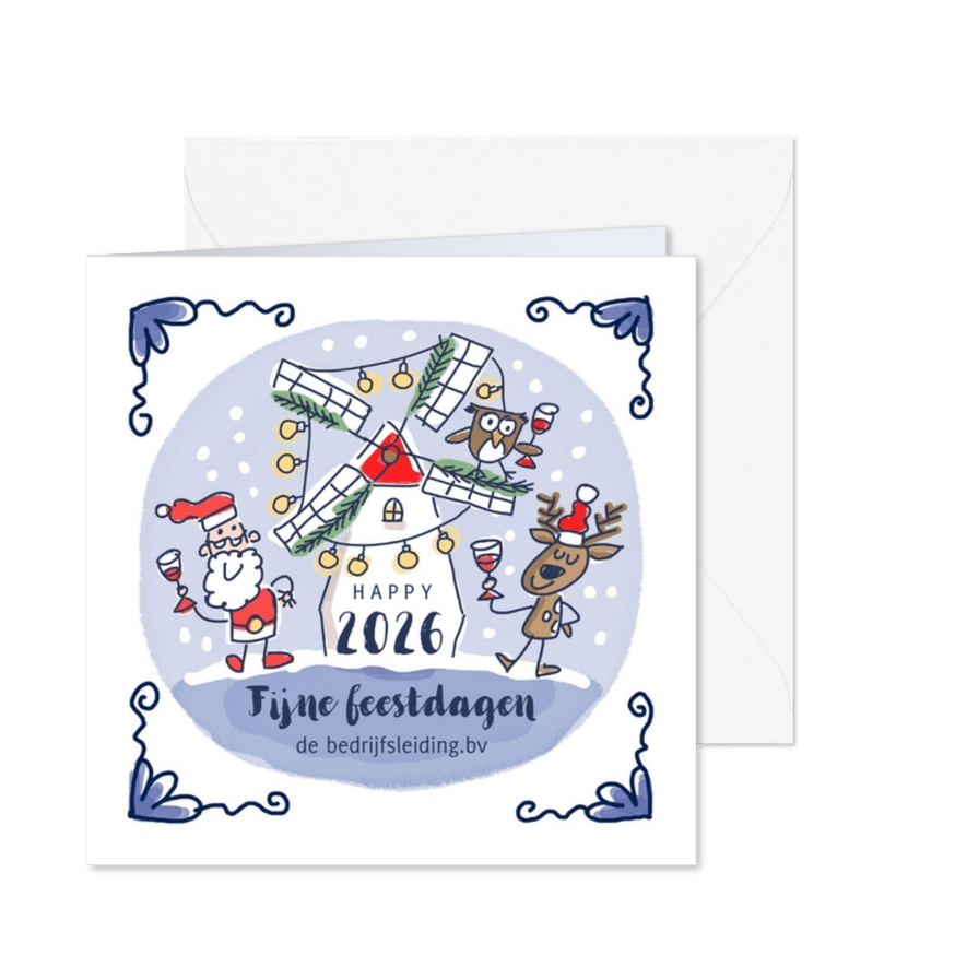 Delfts blauw kerstkaartje met kerstman rendier en molen - Kaartimpressie