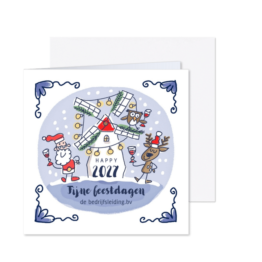 Delfts blauw kerstkaartje met kerstman rendier en molen - Kaartimpressie