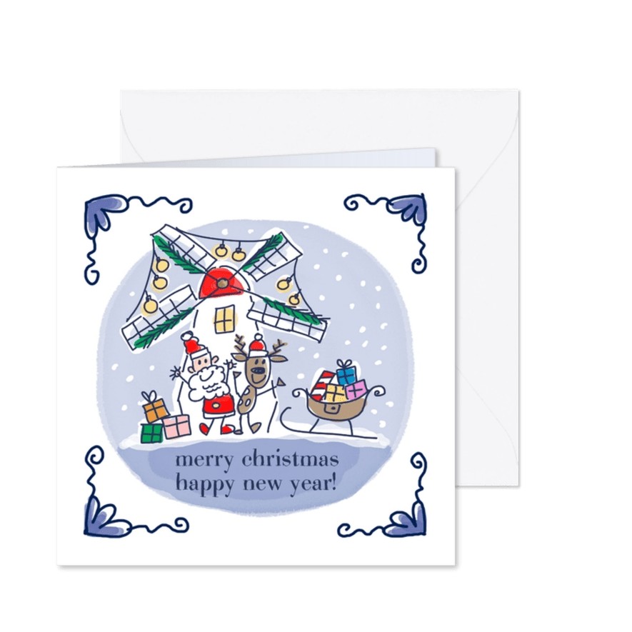 Delfts blauw kerstkaartje met molen in de sneeuw - Kaartimpressie