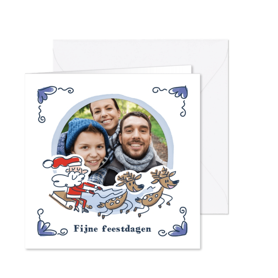 Delfts blauwe foto kerstkaart met kerstman en rendieren - Kaartimpressie