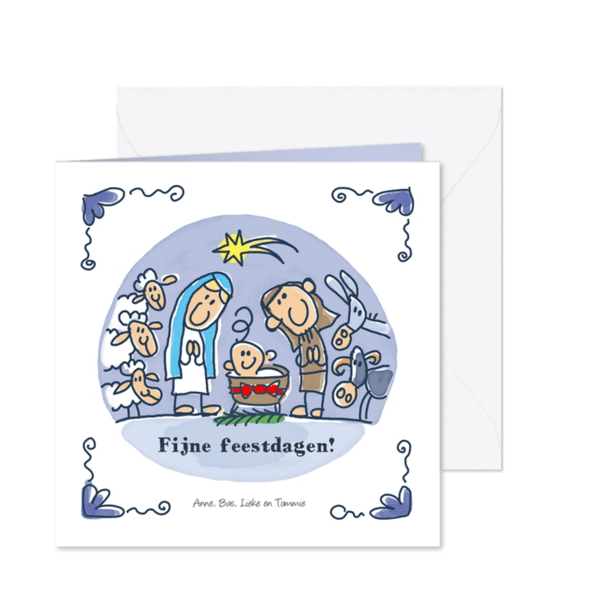 Delfts blauwe kerstkaart met kerststal - Kaartimpressie