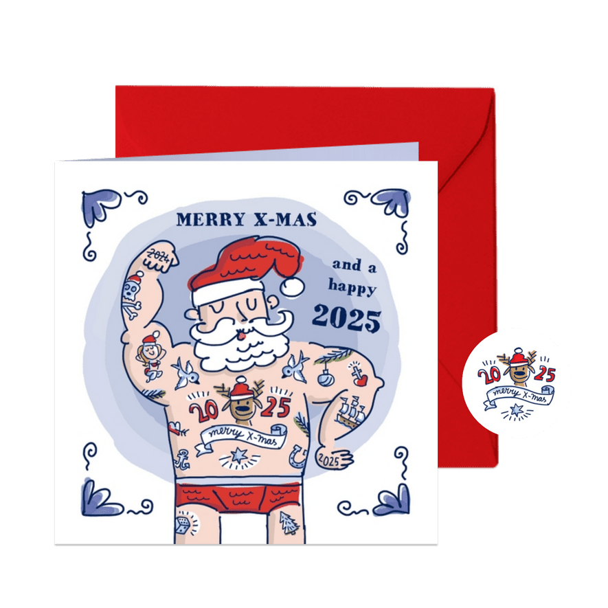 Delftsblauwe kerstkaart met tatoeage kerstman - Kaartimpressie