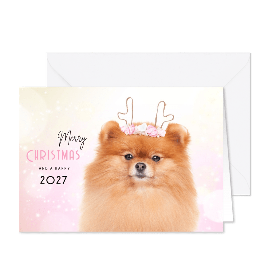 Dieren Kerstkaart - Pomeranian rendier roze - Kaartimpressie