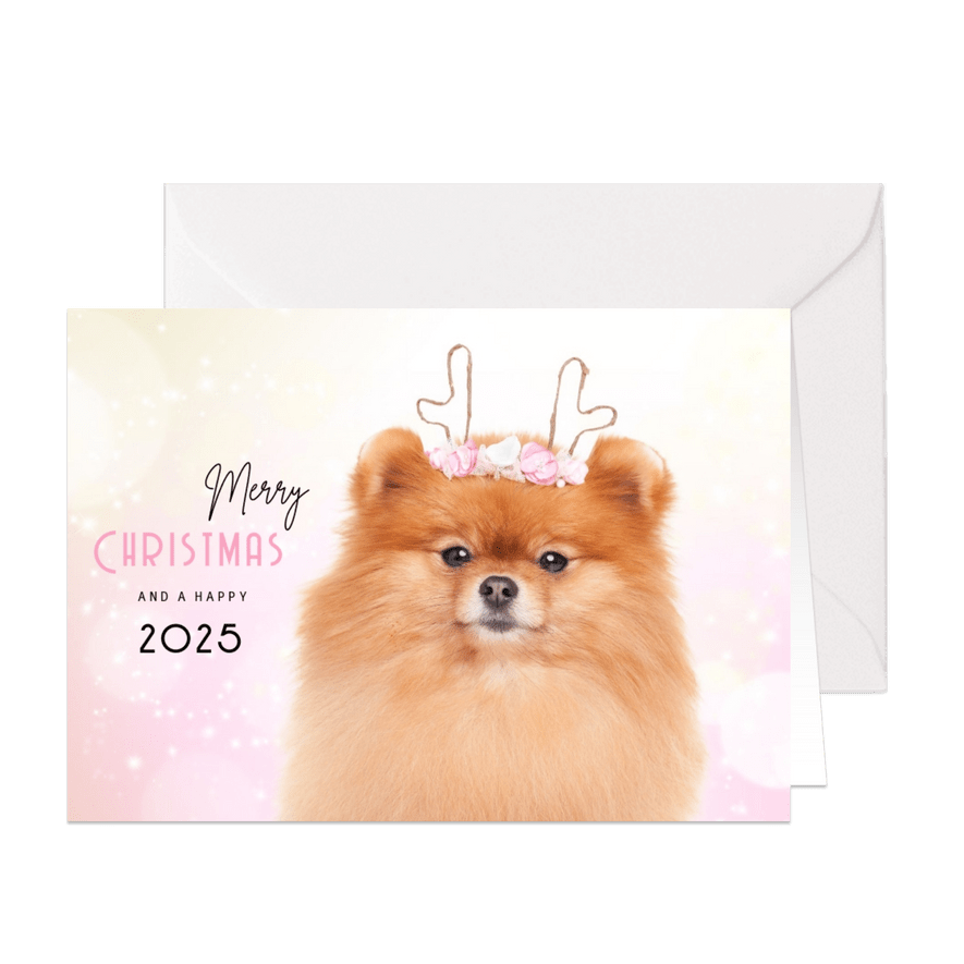 Dieren Kerstkaart - Pomeranian rendier roze - Kaartimpressie