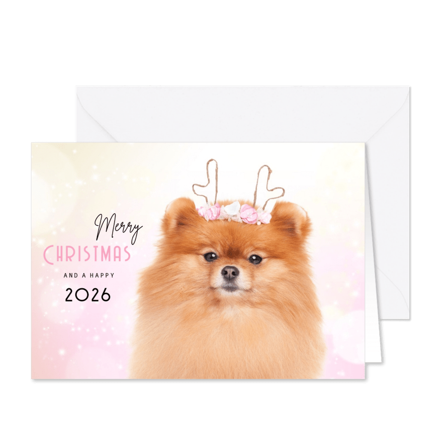 Dieren Kerstkaart - Pomeranian rendier roze - Kaartimpressie