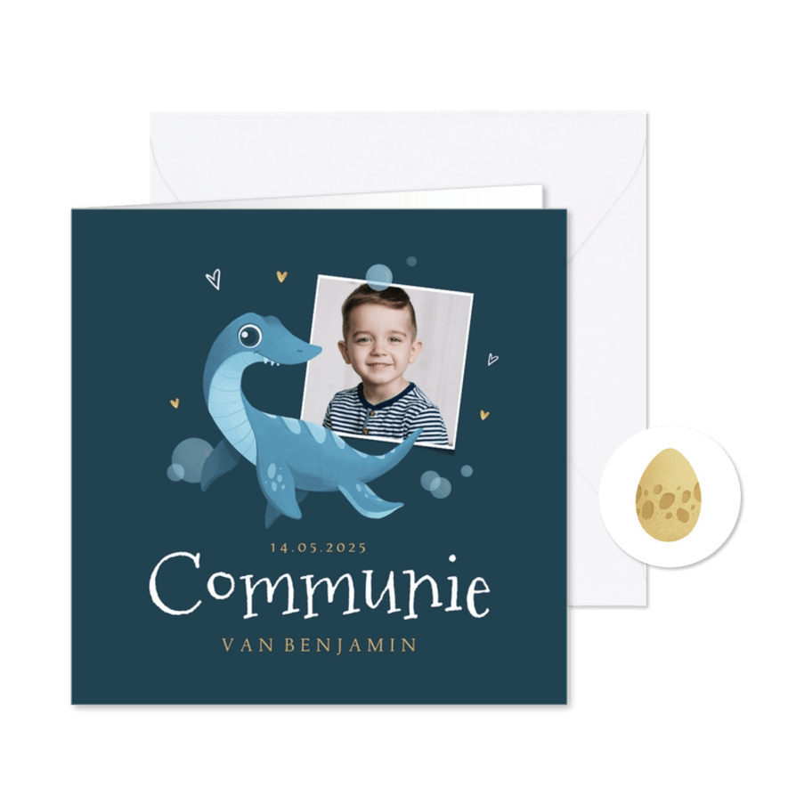 Dino communiekaart plesiosaurus water foto bubbels - Kaartimpressie