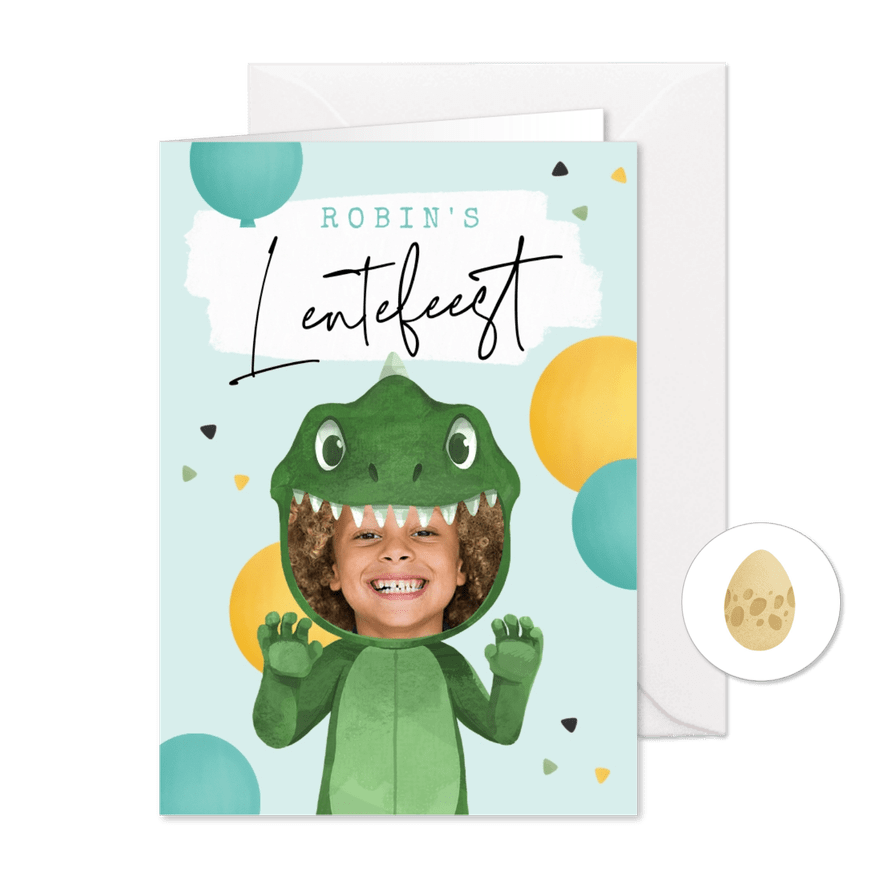 Dino lentefeest kostuum confetti ballonnen feestje  - Kaartimpressie