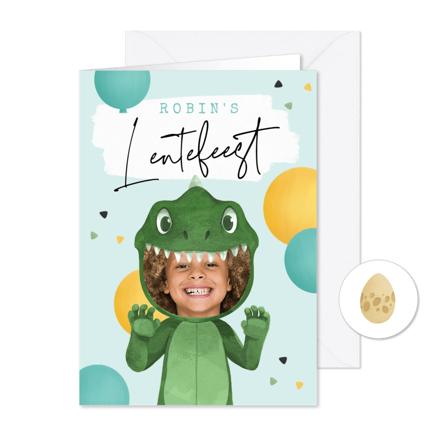 Dino lentefeest kostuum confetti ballonnen feestje - Kaartimpressie
