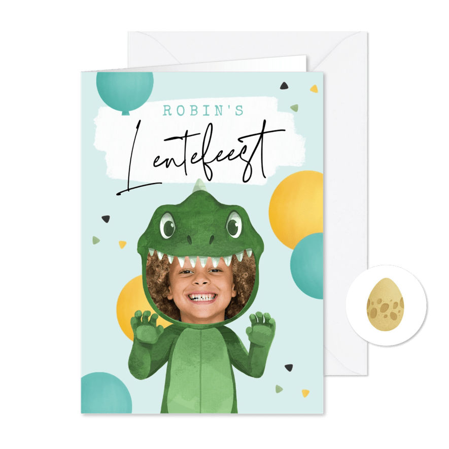 Dino lentefeest kostuum confetti ballonnen feestje  - Kaartimpressie