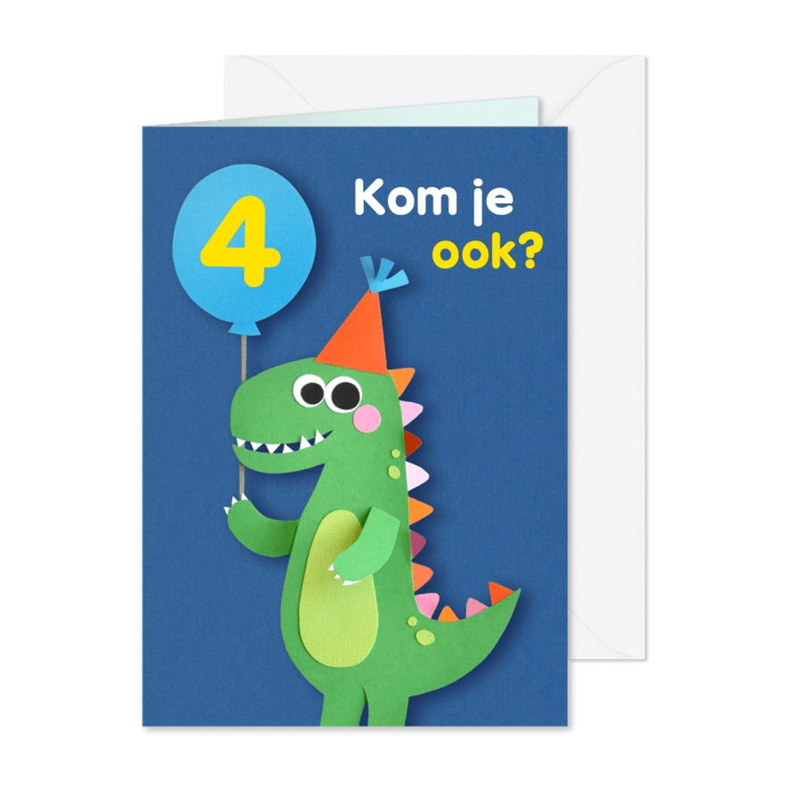 Dino met ballon kinderfeestje - Kaartimpressie