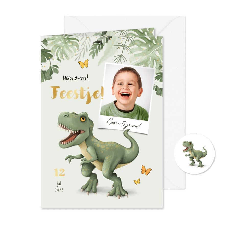 Dinosaurus kinderfeestje uitnodiging T-rex jungle bladeren - Kaartimpressie