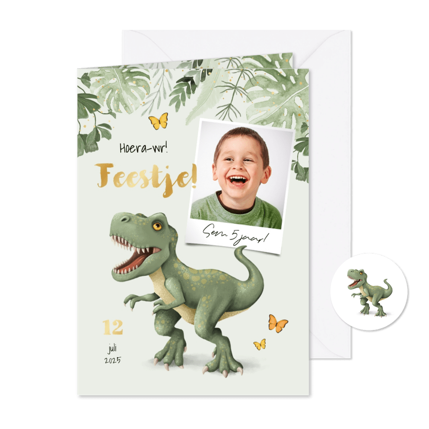 Dinosaurus kinderfeestje uitnodiging T-rex jungle bladeren - Kaartimpressie