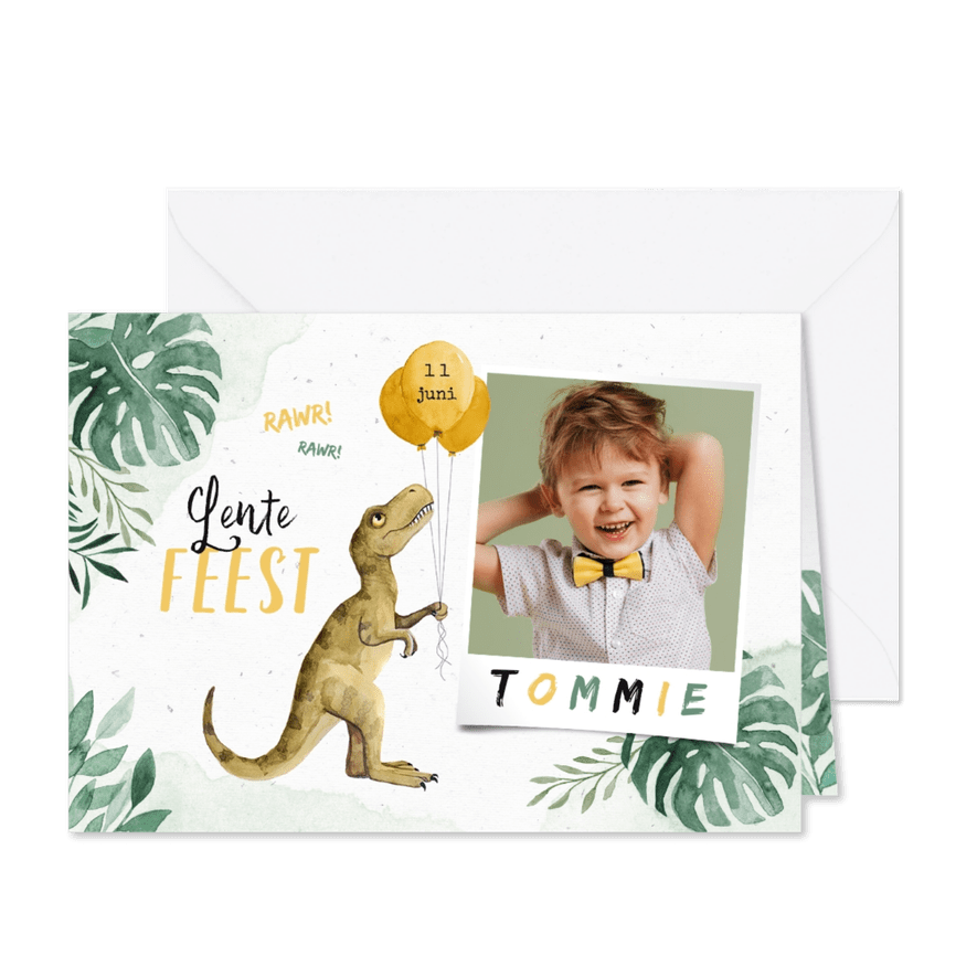 Dinosaurus lentefeestje waterverf dino ballonnen foto - Kaartimpressie