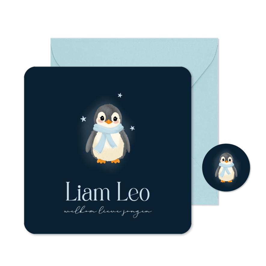  Donker blauw geboortekaartje met schattige baby pinguin - Kaartimpressie