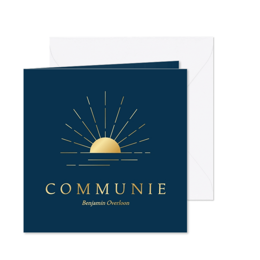 Donkerblauw communiekaartje met gouden zonnetje - Kaartimpressie