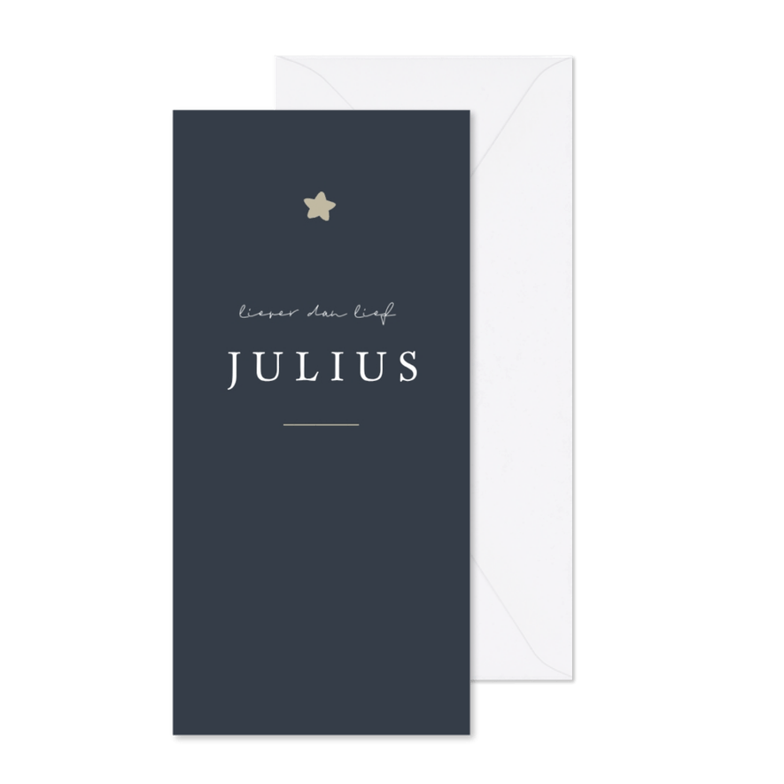Donkerblauw minimalistisch geboortekaartje met bruine ster - Kaartimpressie