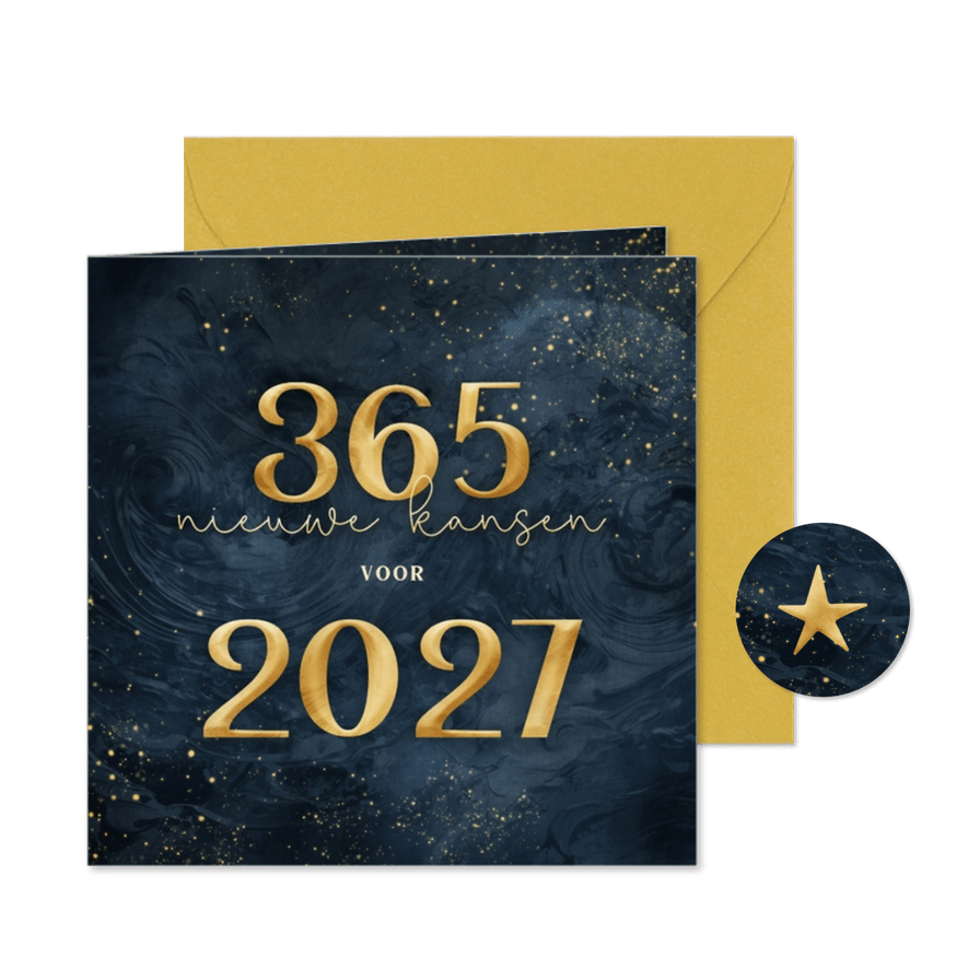 Donkerblauwe kerstkaart 365 nieuwe kansen voor 2027 - Kaartimpressie