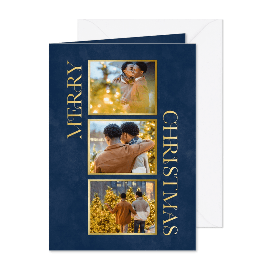 Donkerblauwe kerstkaart met foto's en typografie - Kaartimpressie