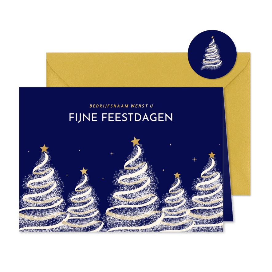 Donkerblauwe kerstkaart met moderne kerstbomen goudfolie - Kaartimpressie