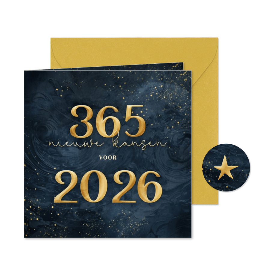 Donkerblauwe nieuwjaarskaart 365 nieuwe kansen voor 2026 - Kaartimpressie