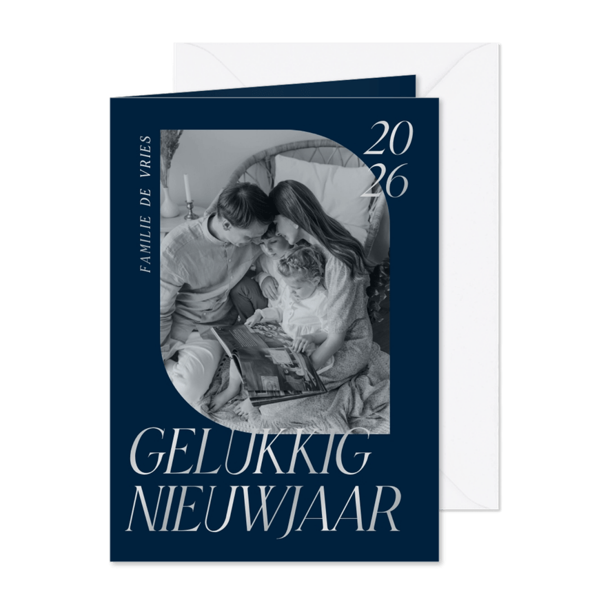 Donkerblauwe nieuwjaarskaart met eigen foto elegante tekst - Kaartimpressie