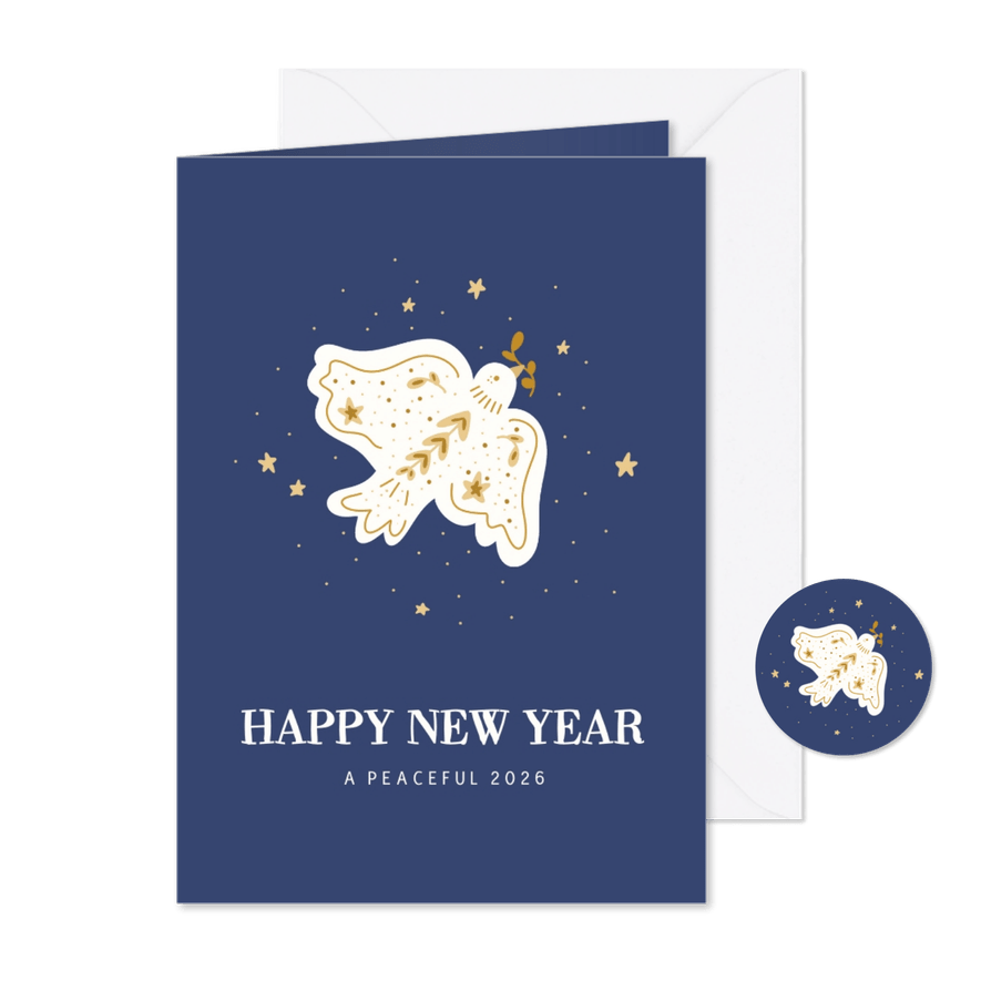Donkerblauwe nieuwjaarskaart met vredesduifje - Kaartimpressie