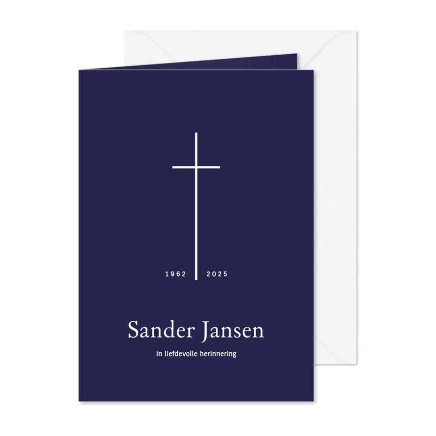 Donkerblauwe rouwkaart in minimalistische stijl met kruis - Kaartimpressie