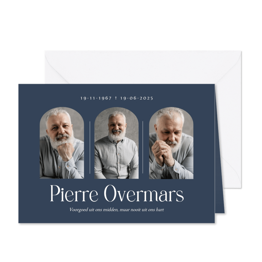Donkerblauwe rouwkaart met fotos en grote naam - Kaartimpressie