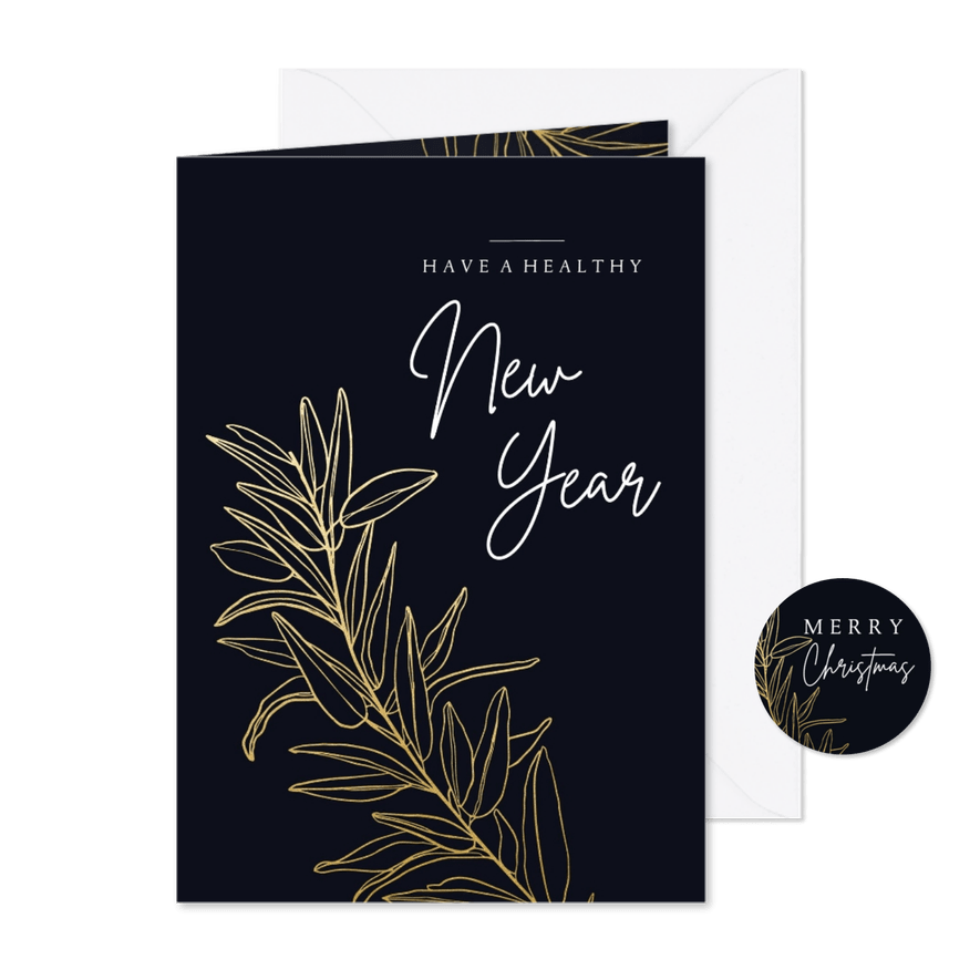 Donkerblauwe stijlvolle nieuwjaarskaart met gouden tak - Kaartimpressie