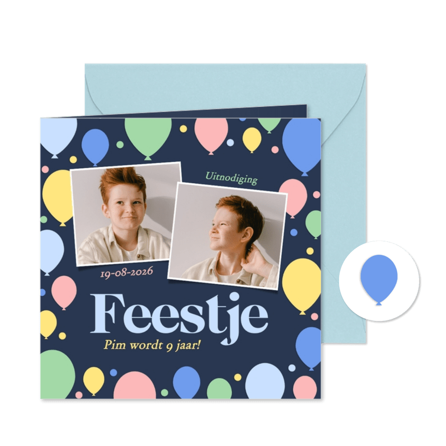 Donkerblauwe uitnodiging kinderfeestje met ballonnen kader - Kaartimpressie