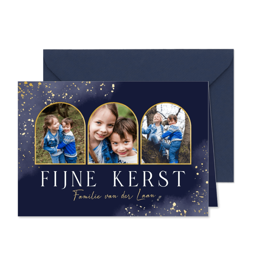 Donkerblauwe waterverf kerstkaart met fotocollage - Kaartimpressie