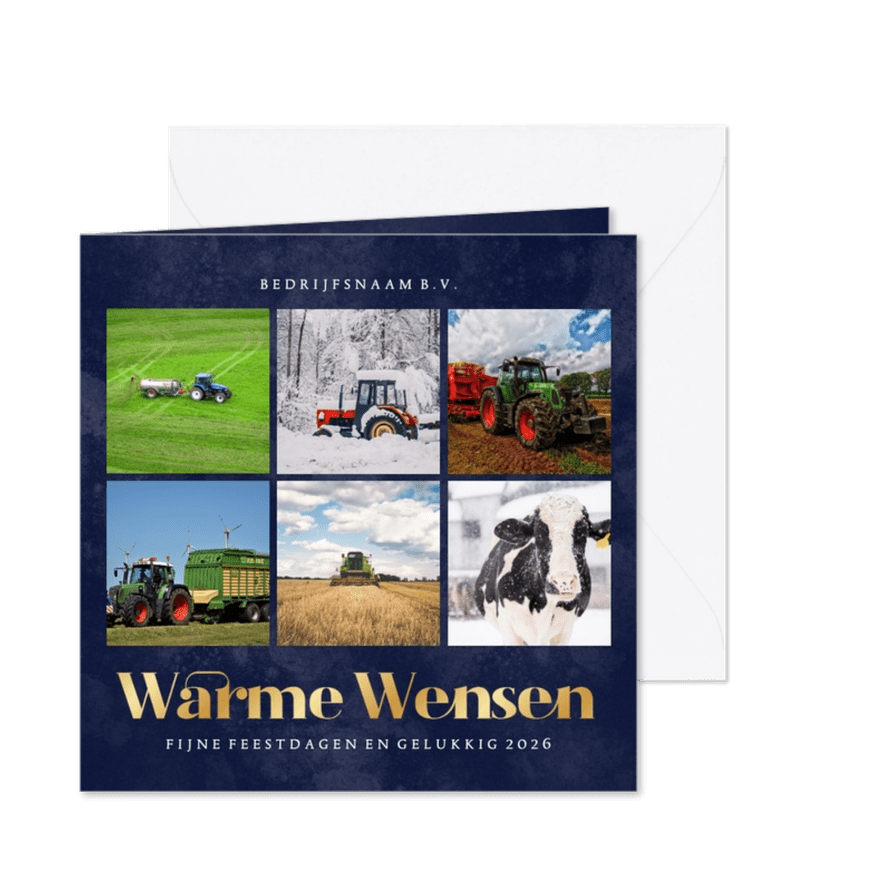 Donkerblauwe zakelijke kerstkaart met fotocollage en goud - Kaartimpressie