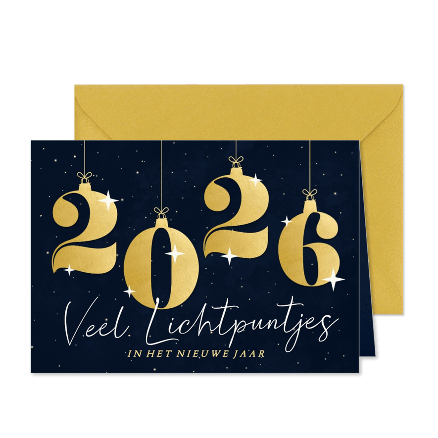 Donkere kerstkaart met 2026 in kerstballen lichtpuntjes - Kaartimpressie