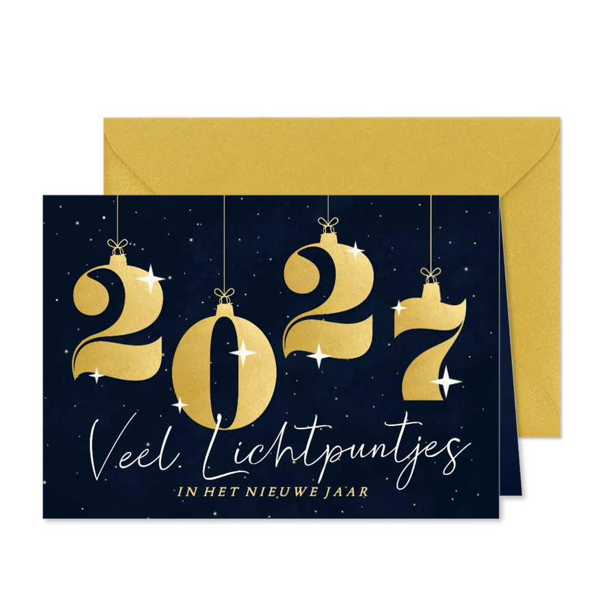 Donkere kerstkaart met 2027 in kerstballen lichtpuntjes - Kaartimpressie