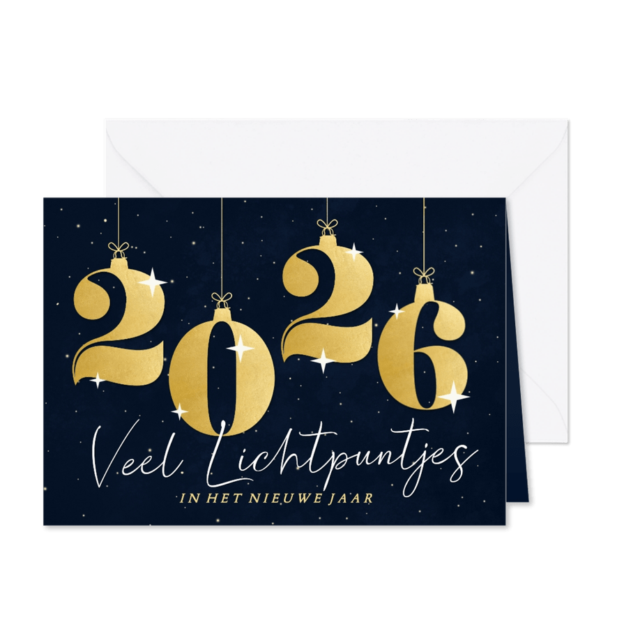 Donkere nieuwjaarskaart met cijfer kerstballen lichtpuntjes - Kaartimpressie