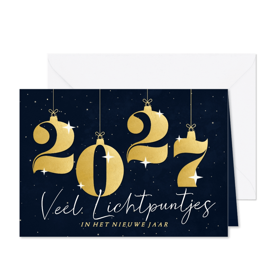 Donkere nieuwjaarskaart met cijfer kerstballen lichtpuntjes - Kaartimpressie