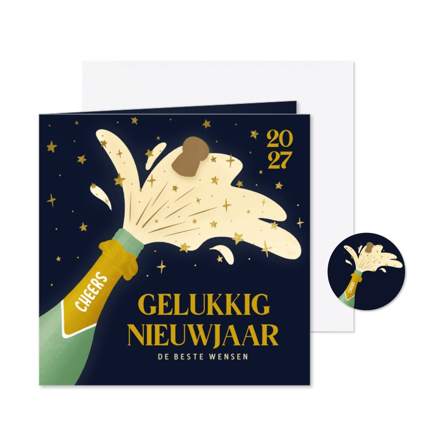 Donkere nieuwjaarskaart met knallende fles champagne - Kaartimpressie