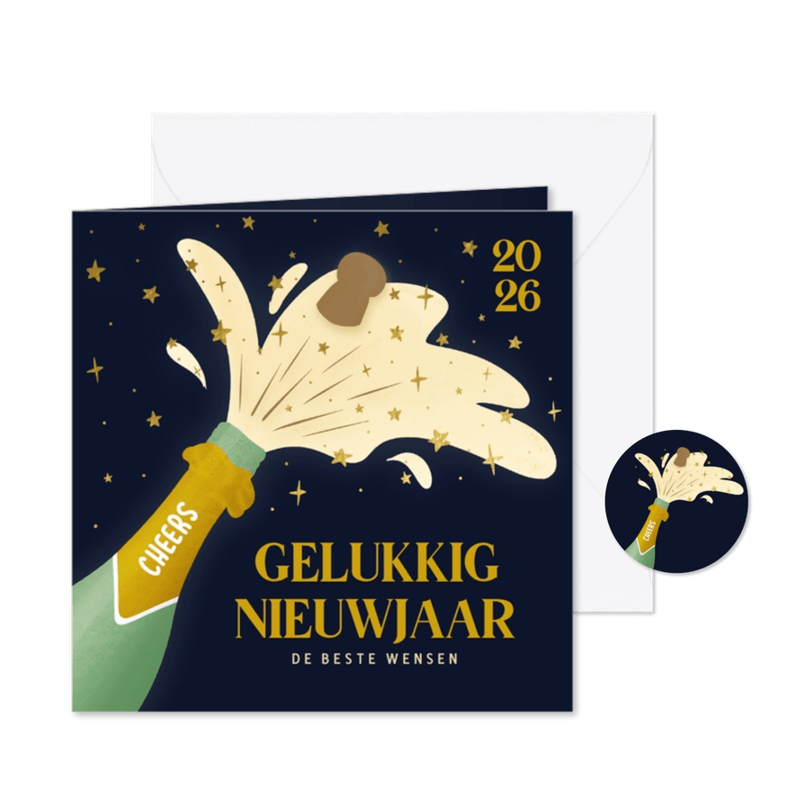 Donkere nieuwjaarskaart met knallende fles champagne - Kaartimpressie