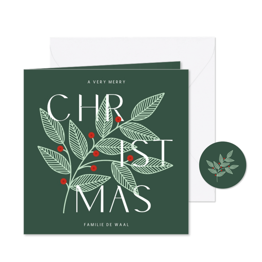 Donkergroen kerstkaartje met takje en moderne typografie - Kaartimpressie